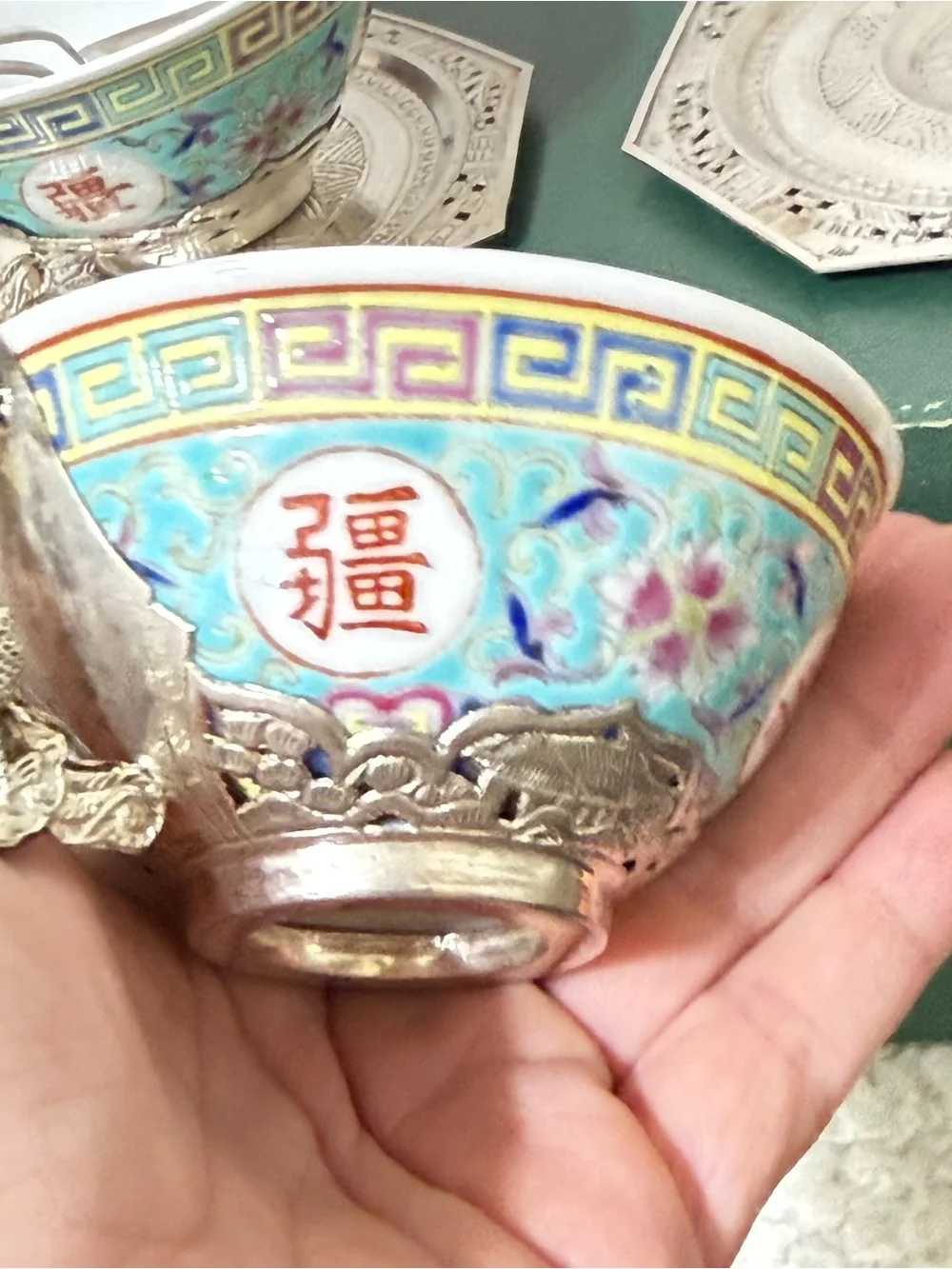 Vintage Famille Rose Tea Cup Saucer Set Pure Silver & Porcelain In Original Box
